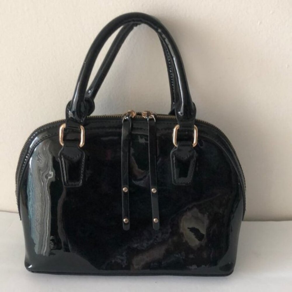 BCBG Black Satchel Patent Fx Leather Top Handles